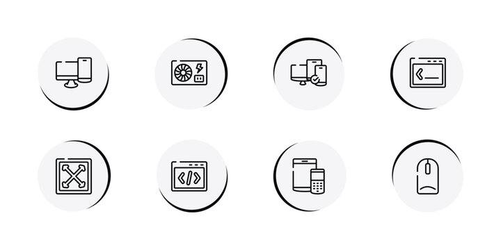 devices outline icon set featuring pc and phone, psu, tablet smartphone computer checked, command line icons.