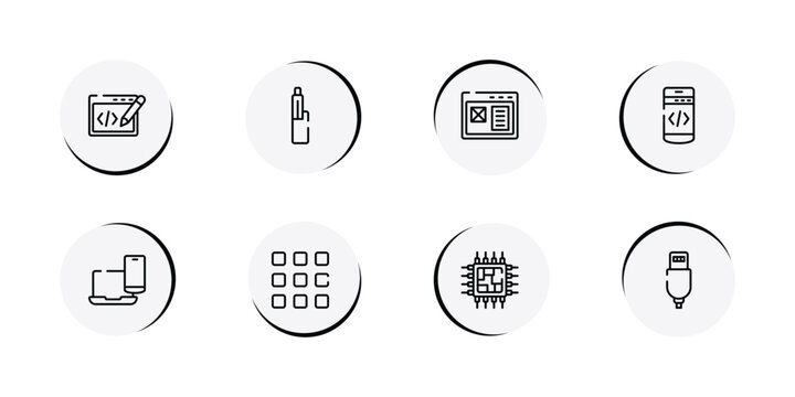 devices outline icon set featuring editing code, electronic cigarette, adaptive layout, mobile programming icons.