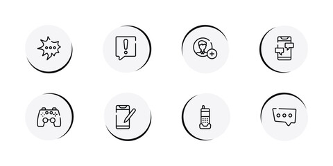 chatting outline icon set featuring scream bubble, warning speech bubble, add contact, message from phone icons. © VectorStockDesign