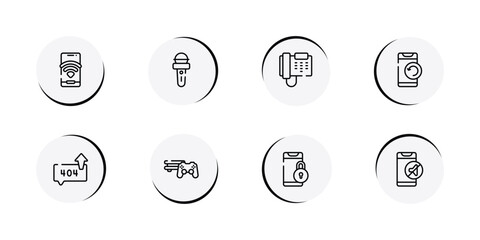 smartphones outline icon set featuring wireless, news microphone, business phone, phone with refresh arrows icons. © VectorStockDesign