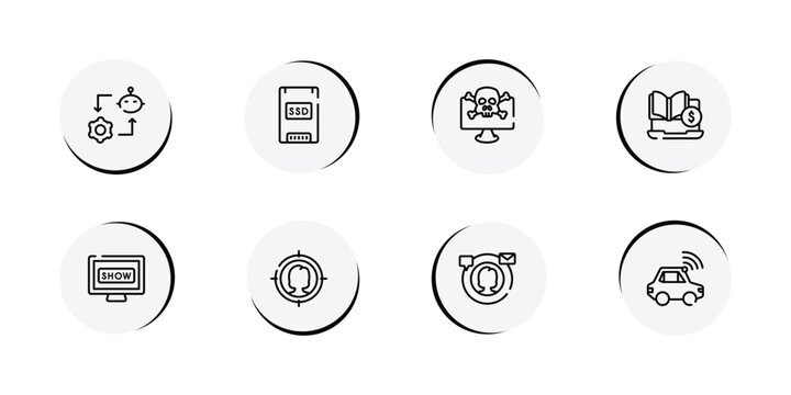 artificial intelligence outline icon set featuring synchronizing, solid state drive, crime, tuition icons.