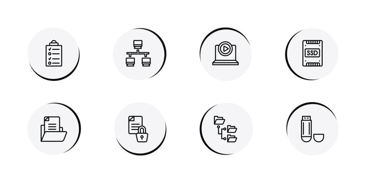 technology outline icon set featuring data list, lan, tutorial, ssd icons.