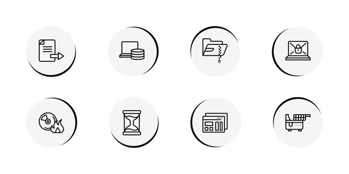 household appliances outline icon set featuring export file, computer storage, compressed file, ransomware icons.