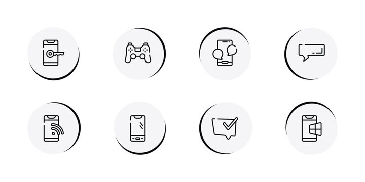 smartphones outline icon set featuring phone with keys, ps4 controller, phone with message, rectangular speech bubble icons.