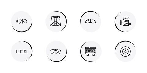 Fototapeta premium car parts outline icon set featuring car horn, car hood, brake pad, carburettor icons.