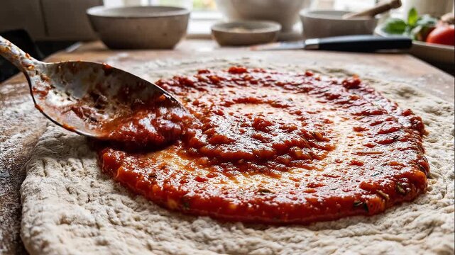 Chef spreading savory tomato sauce over fresh handmade pizza dough base