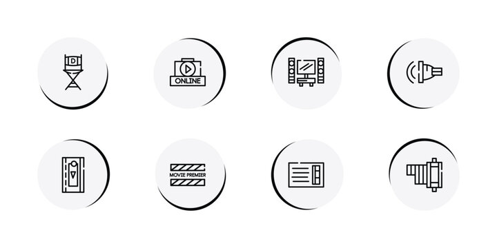 cinema outline icon set featuring film director, online movie, home cinema, ventriloquist icons.