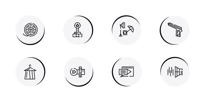 cinema outline icon set featuring movie reel, film award, studio, hitman icons.
