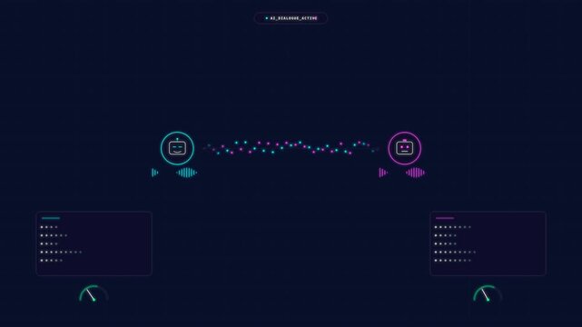 Dynamic motion animation depicting data exchange between two digital icons with flowing lines and futuristic interface elements for technology visualization.
