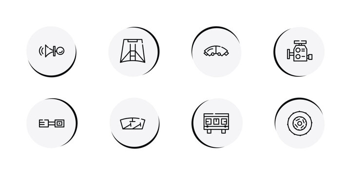 car parts outline icon set featuring car horn, car hood, brake pad, carburettor icons.