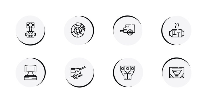 car parts outline icon set featuring car connecting rod, car brake, tailpipe, catalytic converter icons.