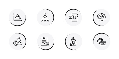 Fototapeta premium business outline icon set featuring pyramid chart, hierarchical structure, mobile payment, time management icons.