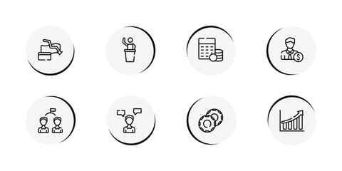 Fototapeta premium business outline icon set featuring bankrupt, auctioneer, budgeting, banker icons.