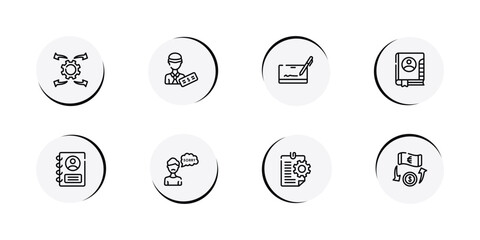 Fototapeta premium business management outline icon set featuring possibility, officer, cryptographic, address book icons.