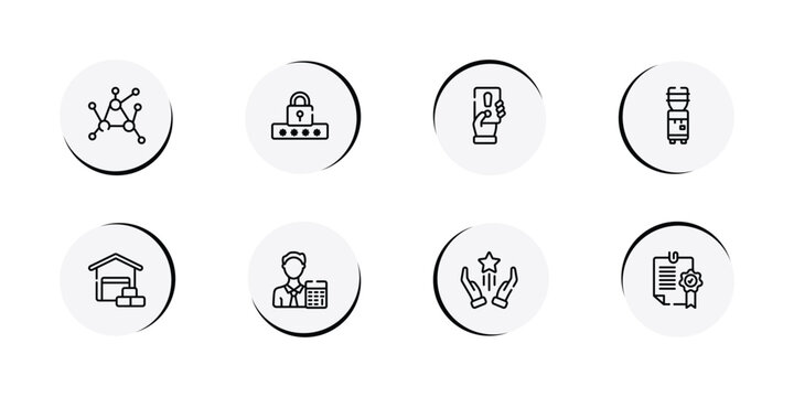 business outline icon set featuring decentralized, pin code, penalty, water dispenser icons.