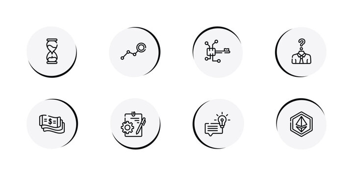 cryptocurrency outline icon set featuring sand clock, limit, digital key, anonymity icons.