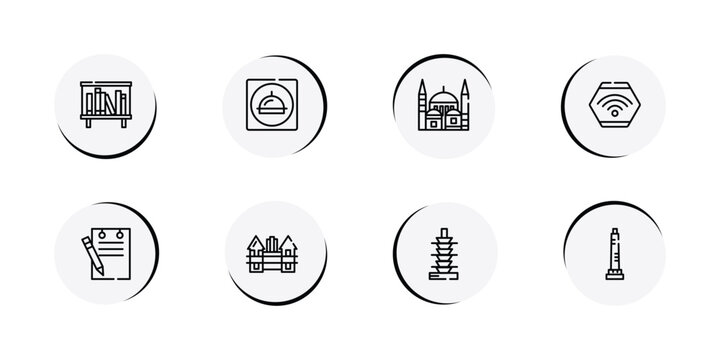 linear monuments outline icon set featuring bookshelves, restaurant app, blue mosque, wifi connection icons.