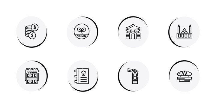 linear monuments outline icon set featuring dollar coins, vegetarian, memorial hall, chartres cathedral icons.