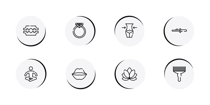 beauty outline icon set featuring razorblade, diamond ring, waist, curling tongs icons.