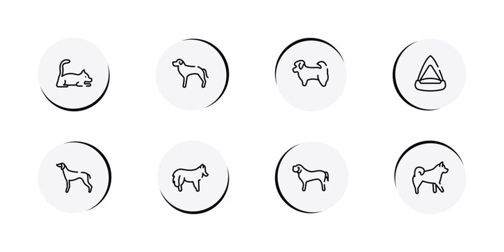 dog breeds fullbody outline icon set featuring laying cat, rottweiler, shih tzu, cat playhouse icons.