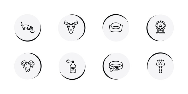 pet shop lineal outline icon set featuring dog eating, moose head, cat bed, hamster wheel icons.