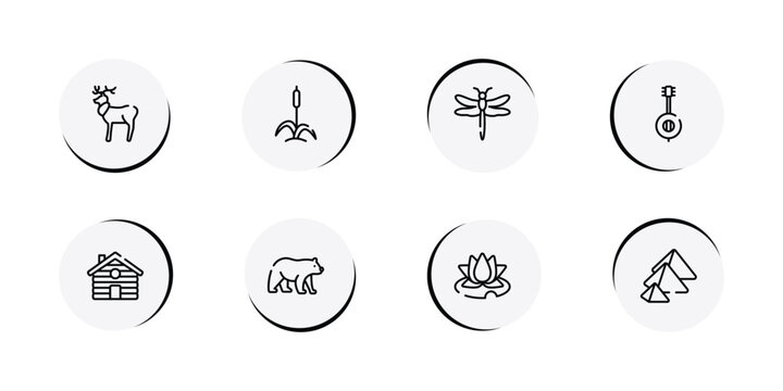 africa outline icon set featuring reindeer, cattail, dragonfly, banjo icons.