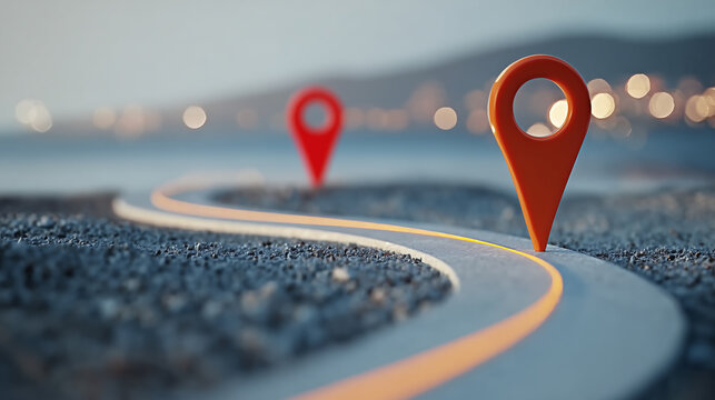 3D red GPS location pins marking route on winding coastal asphalt road concept