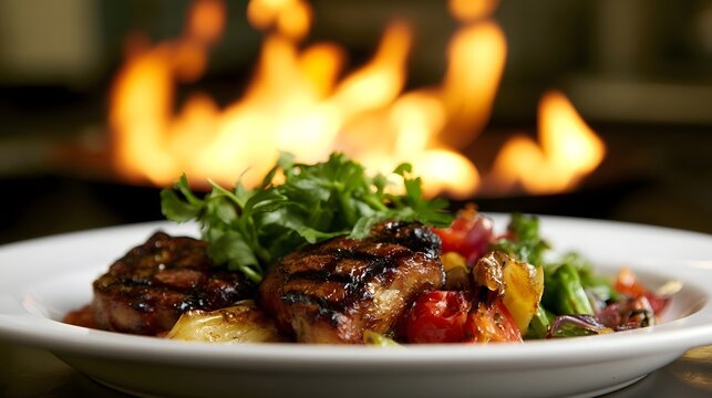 A gourmet meal served on a plate set against a warm glowing backdrop of intense flames