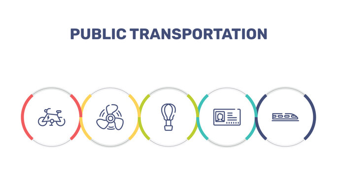 public transportation outline icon set featuring electric bike, ship propeller, hot air, driving pass icons.