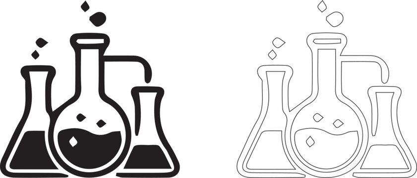 Laboratory glass beakers and boiling flasks with chemical reaction bubbles icon set, solid black silhouette and thin outline style, vector illustration.
