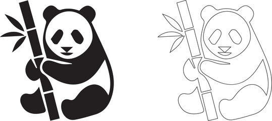 Cute giant panda bear holding a bamboo stalk icon set, solid black silhouette and thin line art outline style, vector illustration. © Abul