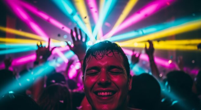 Man dancing at nightclub with colorful laser lights. Happy guy enjoying music party event with raised arm. Nightlife rave concert atmosphere and crowd celebration, energy and emotion.