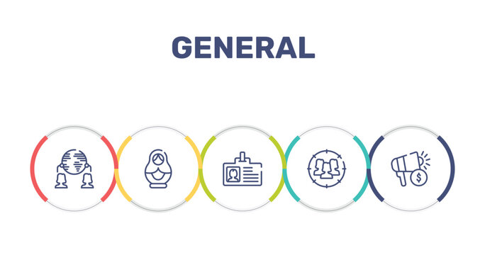 general outline icon set featuring outsourcing, matryoshka, user data, team target icons.