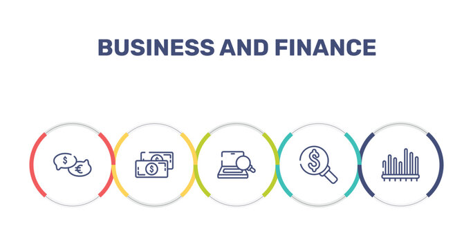 business and finance outline icon set featuring talking about money, big paper bill, optimizer, currency search icons.