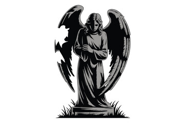 Fototapeta premium Angel statue with large wings and folded hands tombstone base sculpture religious