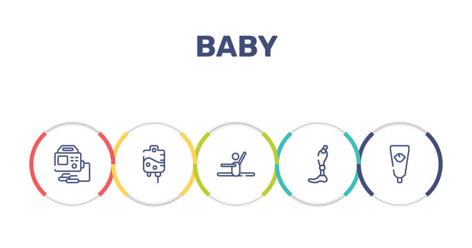 baby outline icon set featuring defibrillator, iv, stretch, prothesis icons.