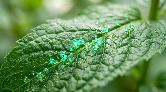 Glowing Menthol Compound Structures on Mint Leaf Surface Macro