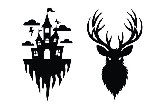 Haunted castle with lightning and mystical deer head vector silhouettes, mystical