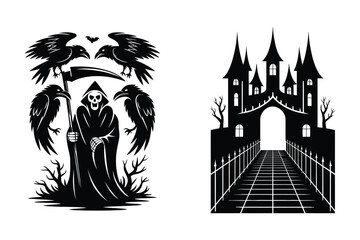 Grim reaper with ravens and scythe, haunted gothic castle with spooky pathway © Sadek