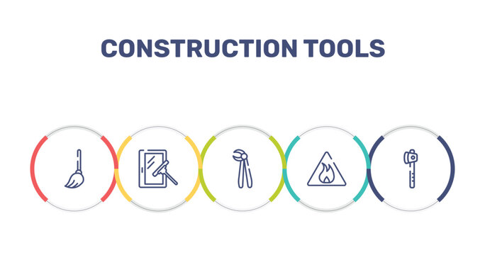 construction tools outline icon set featuring mop, window cleaner, forceps, inflamable icons.