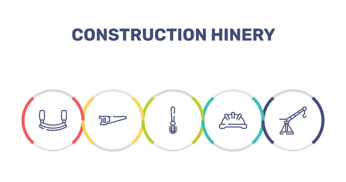 construction hinery outline icon set featuring mezzaluna, metal saw, toilet brush, iron helmet icons.