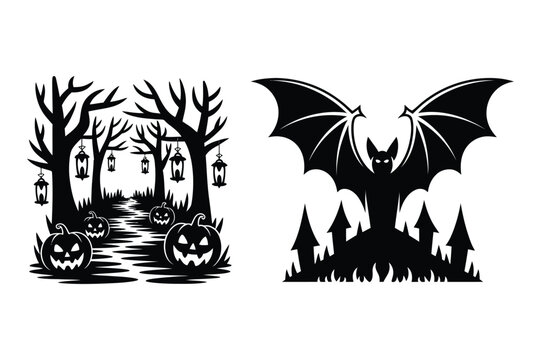 Spooky halloween forest path with pumpkins and giant bat over haunted houses