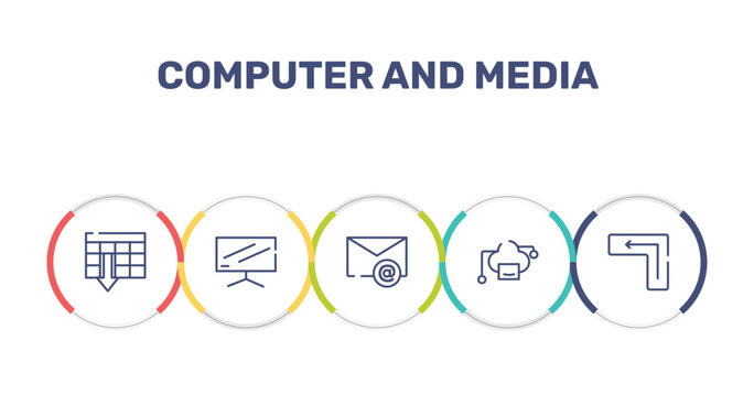 computer and media outline icon set featuring spreadsheet ascending order, flatscreen tv, email envelope, cloud computing servers icons.