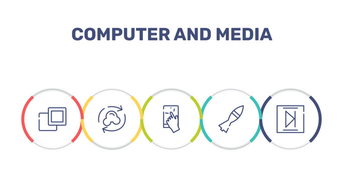 computer and media outline icon set featuring 2 squares, synchronize with internet, touch, missile war weapon icons.