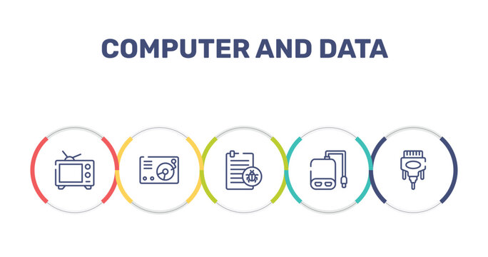 computer and data outline icon set featuring broadcasting, lp player, corrupt file, power bank icons.