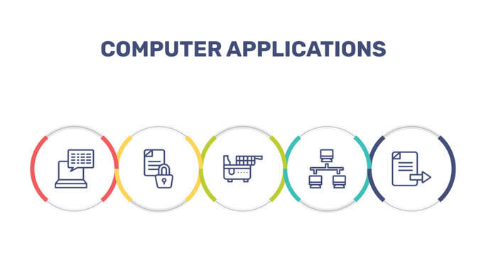 computer applications outline icon set featuring subtitles, encrypted data, electric fryer, lan icons.