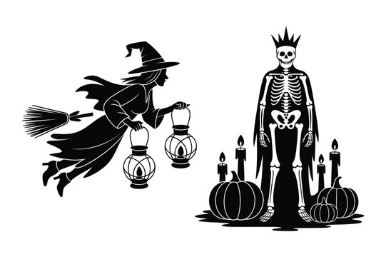 Flying witch with lanterns and skeleton king with pumpkins and candles halloween