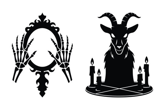 Eerie skeleton hands holding ornate mirror and baphomet goat with ritual candles