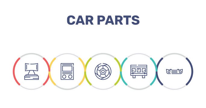 car parts outline icon set featuring car headrest, car fascia (british), tyre, cylinder head icons.