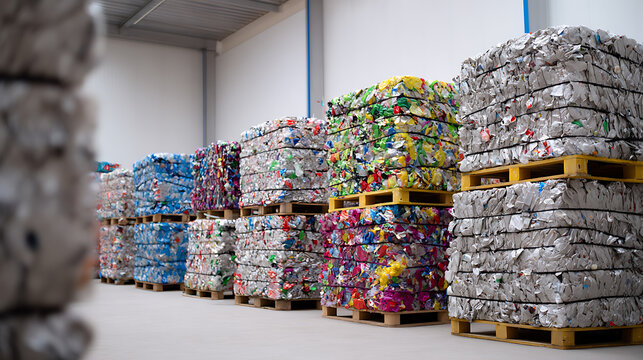 Compressed Bales of Aluminum Cans and Plastic Bottles Stacked in a Recycling Facility Warehouse Ready for Reprocessing into New Products